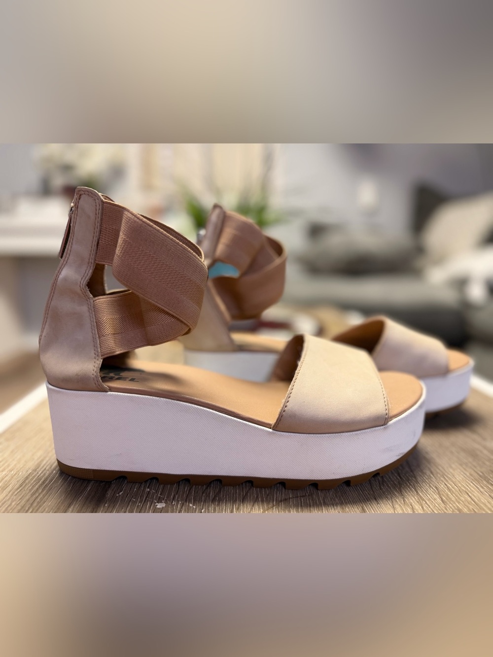 SOREL Cameron Tan Leather Flatform Wedge Ankle Strap Sandals Size 9.5